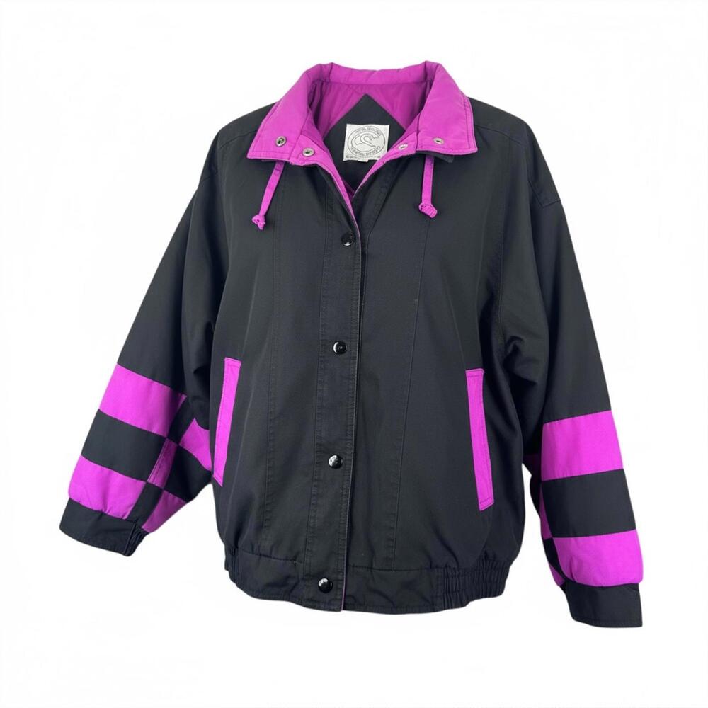 Be In The Current Seen Women Retro VTG Coat‎ Size Small Black and Purple 80s 90s